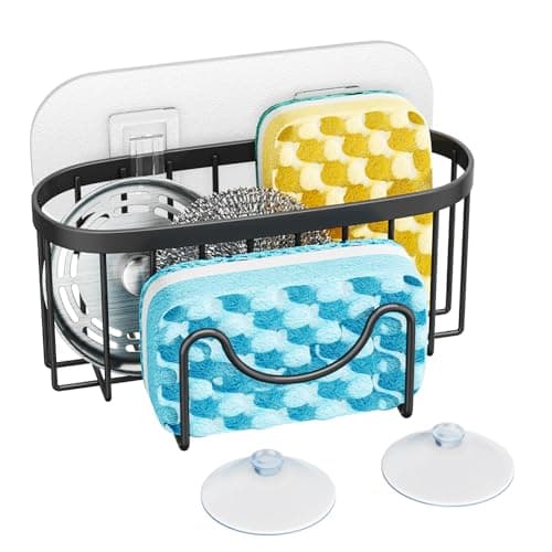 HapiRm Multifunctional Sponge Holder with Unique M-Shaped, 2 Installation Methods Kitchen Sink Caddy Organizer, Rustproof Stainless Steel Sponge Caddy for Brush, Sink Stopper and Scraper -Black - Image 1