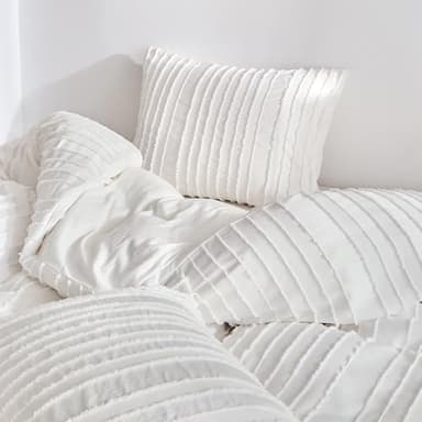 WARMDERN White Boho Duvet Cover Set, Striped Textured Tufted Bedding, Twin Size Washed Microfiber Duvet with Zipper Closure & Corner Ties - Image 8