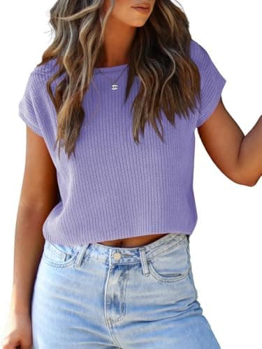 LCXWFE Womens Summer Cropped Sweater Vest Trendy Cap Sleeve Crop Tops Crew Neck Loose Knit Tank Top - Image 2