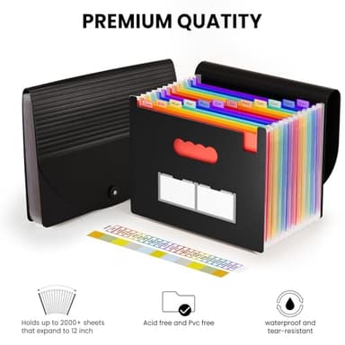 Sooez Accordion File Organizer, 13 Pockets Expanding File Folder, Portable Monthly Paper Bill Tax Receipt Organizer, Letter A4 Size Document Holder with Blank Labels, Black - Image 7
