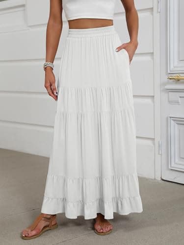 ANRABESS Womens Maxi Skirt Elastic High Waist Swing Tiered A-line Flowy Pleated Boho Beach Vacation Long Skirts White X-Large - Image 2