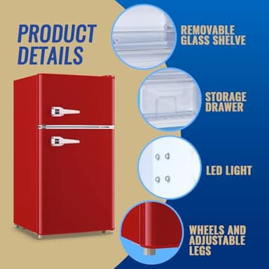 TACOOL 3.5 Cu.ft Refrigerator with Freezer Double Door Red Fridge Adjustable Glass Shelves, Plastic Crisper,7 Level Temperature Control Fridge for Dorm, Office, Apartment - Image 4