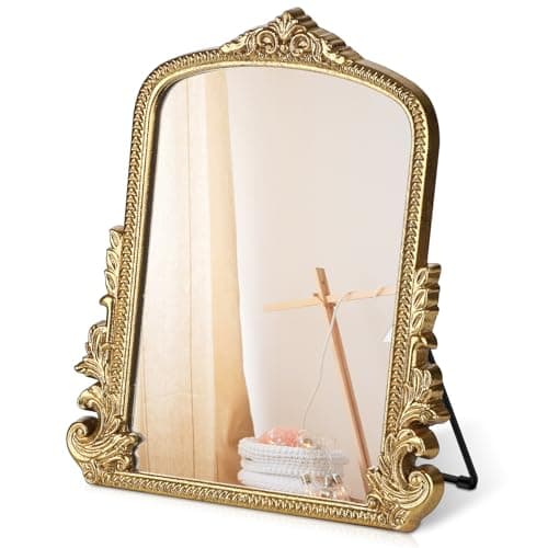 Vintage Makeup Mirror, Vanity Desk Mirror Antique Traditional Tabletop Mirror, Standing, Hang or Wall Mounted, Adjustable Dress-up Mirror, Gold Decor Mirror for Living Room,Bedroom (gold, 12*9.8 in) - Image 1