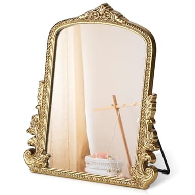 Vintage Makeup Mirror, Vanity Desk Mirror Antique Traditional Tabletop Mirror, Standing, Hang or Wall Mounted, Adjustable Dress-up Mirror, Gold Decor Mirror for Living Room,Bedroom (gold, 12*9.8 in) - Image 1