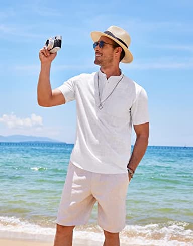 COOFANDY Men's Cotton Linen Henley Shirt Short Sleeve Hippie Casual Beach T-Shirts with Pocket - Image 6