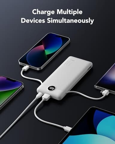 VRURC Portable Charger 10000mAh, Slim Portable Charger with Wall Plug, 22.5W USB Port Fast Charging Power Bank with Cables, 4 Outputs 2 Inputs Travel Essentials Battery for Smartphones-White (1 Pack) - Image 8