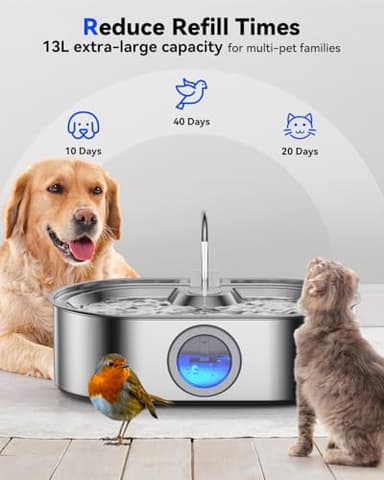 3.4Gal Dog Water Fountain for Large Dogs, 13L Stainless Steel Large Pet Fountain with Deeper & Wider Drinking Area, Automatic Dog Water Bowl Dispenser with Water Window & LED, Super Quiet - Image 2