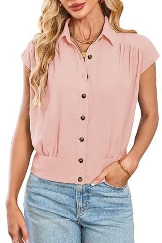 Cakulo Womens Summer Short Sleeve Button Down Shirts 2025 Dressy Casual Polo V Neck Collared Blouses Tops Pink S - Image 1