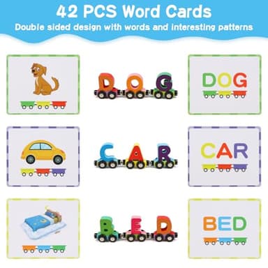 Wondertoys Wooden Alphabet Train Toy 27 PCS Magnetic Alphabet ABC Letter Train Set Includes 42 PCS Flash Cards, 1 Engine and 1 Storage Box for Toddlers Kids Boys and Girls - Image 2