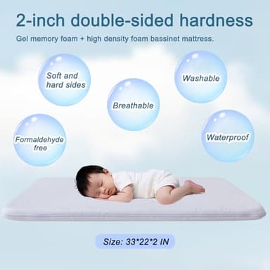 Amzreine Baby Bassinet Mattress Pad, 33" x 19" x 2" Dual Sided Gel Memory Foam Mattress with Breathable Removable Soft Cover Fit for ANGELBLISS 3 in 1/BabyBond/Cowiewie/Jimglo Baby Bassinet - Image 7