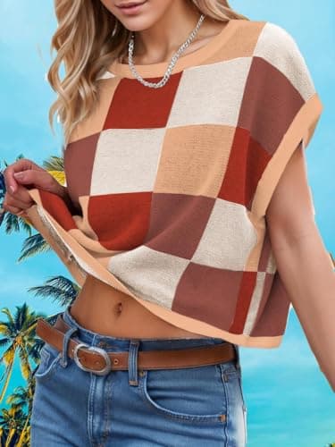 Womens Fall Crop Tops 2025 Cap Short Sleeve Sweater Vest Loose Shirts Business Summer Vacation Outfits Trendy Winter Top - Image 2