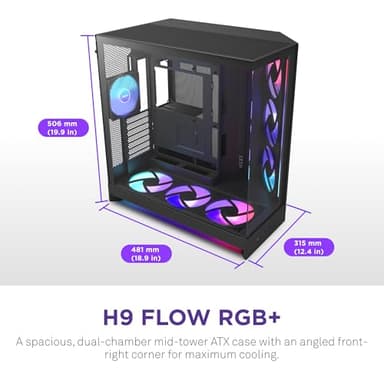 NZXT H9 Flow RGB+ (2025) – Large Dual-Chamber ATX Mid-Tower Airflow PC Case – Includes 7 RGB Fans (6 x 140mm, 1 x 120mm) & Control Hub – 420mm Radiator Support – Back-Connect Ready – Black - Image 2