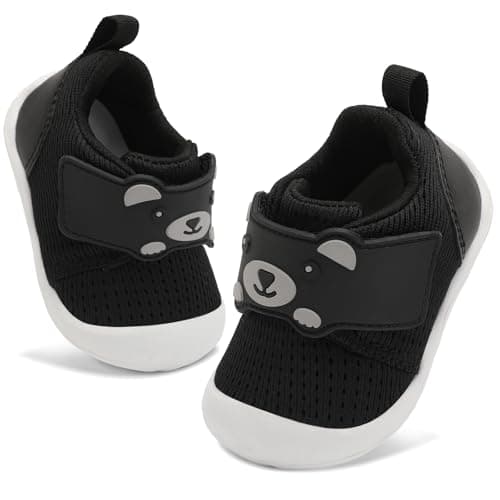 FEETCITY Infant Shoes Boys Girls Wide Baby Walking Shoes Newborn Crib Shoe Baby Slip On Shoe Breathable Toddler Sneakers Bear 6-12 Months Black - Image 1