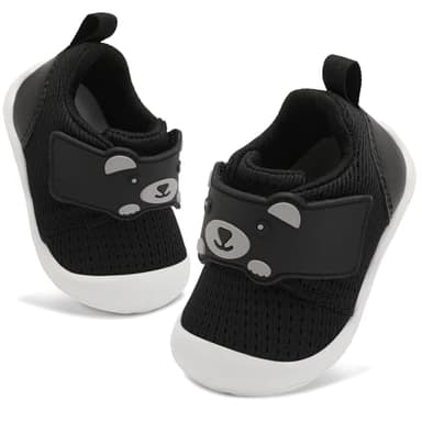 FEETCITY Infant Shoes Boys Girls Wide Baby Walking Shoes Newborn Crib Shoe Baby Slip On Shoe Breathable Toddler Sneakers Bear 6-12 Months Black - Image 1