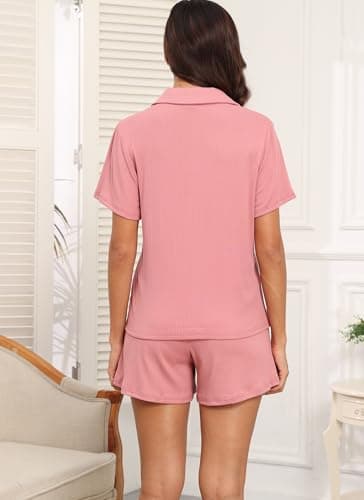 BEKOFO Women Ribbed Knit Pajamas Button Down Lounge Set 2 Pieces Pj Sets Loungewear Pearl pink S - Image 3