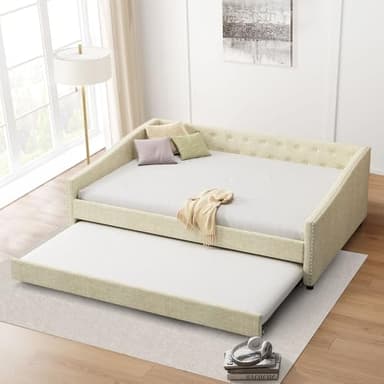 FAVSH Full Size Upholstered Daybed with Trundle,Tufted Sofa Bed w/Button on Back and Piping on Waved Shape Arms for Bedroom Guest Room, No Box Spring Needed,Beige - Image 3