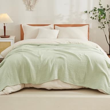 EMME Cotton Blanket Queen Size for Bed Soft Large Muslin Bed Blankets 90"x90" Lightweight Breathable All Season Gauze Blanket, Mint Green - Image 2