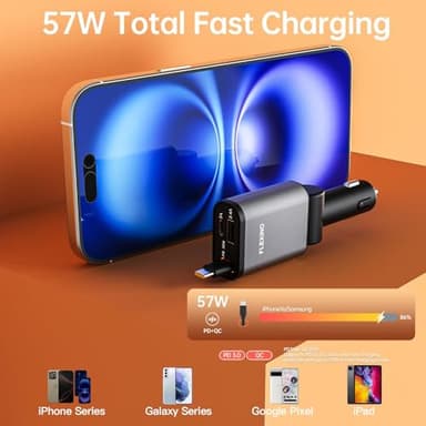 Flexino 【Ultra-Slim】 Retractable Car Charger for iPhone 16, 57W Fast Charging Car Chargers, USB C Car Charger Adaptor, Cigarette Lighter Adapter for iPhone 16/15 Series, Galaxy, Pixel, Grey - Image 4