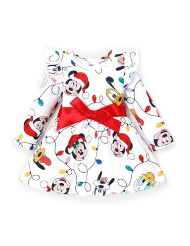 Disney Minnie Mouse Mickey Mouse Toddler Girl Dress Christmas Full Print Bow Tie Long-Sleeve Tutu Dresses Christmas Birthday Gift Red White 2T - Image 1
