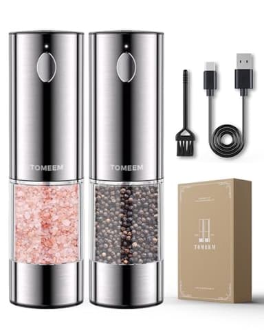 TOMEEM Upgraded Larger Capacity Electric Salt and Pepper Grinder Set Rechargeable with LED lights, Stainless Steel Automatic Pepper and Salt Grinder Refillable with 5 Adjustable Coarseness - Image 1
