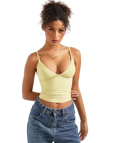 SUUKSESS Women Sexy Deep V Neck Sleeveless Fitted Basic Tops Y2K Going Out Crop Tank Top Camisole (Butter Yellow,L) - Image 5