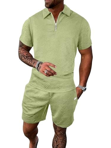 PLEPAN Polo Suits for Men 2 Piece Outfits Polo Shirts for Men Short Sleeve Sets Waffle Shirts Workout Shorts Summer Outfits Light Green XXL - Image 1
