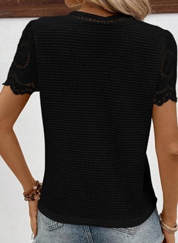 SHEWIN Womens Shirts Casual Crewneck Short Sleeve Shirts Waffle Knit Lightweight Cute Crochet Tops for Women Blouses Black Large - Image 2