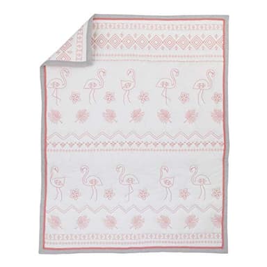 Nojo Tropical Flamingo Pink & White 100% Cotton 4Piece Nursery Crib Bedding Set, Embroidered Quilt, Fitted Sheet, Dust Ruffle, & Diaper Stacker, Pink, White, Grey - Image 2