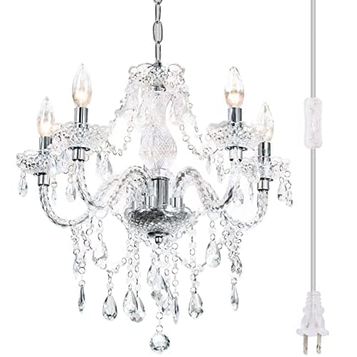 Plug-in 5 Light Crystal Hanging Pendant Lights Acrylic Chandelier with Clear Cord & On/Off Switch H19 D19.7 for Kitchen Island Girls' Room Dining Area Laundry Pavilion. - Image 1