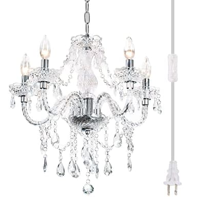 Plug-in 5 Light Crystal Hanging Pendant Lights Acrylic Chandelier with Clear Cord & On/Off Switch H19 D19.7 for Kitchen Island Girls' Room Dining Area Laundry Pavilion. - Image 1