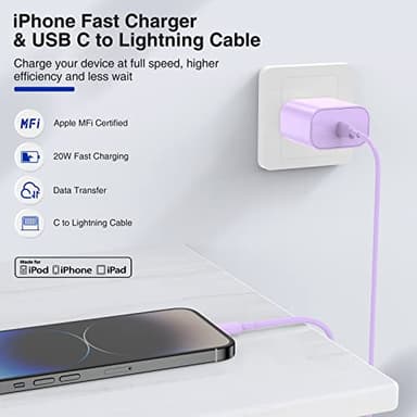 6ft iPhone Fast Charging Cable, 20W USB C Wall Charger With Type C to Lightning Cord for iPhone 14/13/12/11 Pro Max Plus, iPad - 2Pcs Purple - Image 2