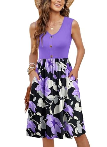 MOLERANI Women Summer Dresses Sleeveless Casual Loose Swing Button Down Midi Sundress with Pockets,Violet Purple Flower,S - Image 1