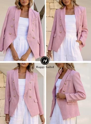 Happy Sailed Tweed Blazers for Women Double Breasted Turndown Collar Blazer Jacket Suits for Work Slim Fit Open Front Business Jackets Casual Outfits Office Professional Fashion 2025 Pink Large - Image 4
