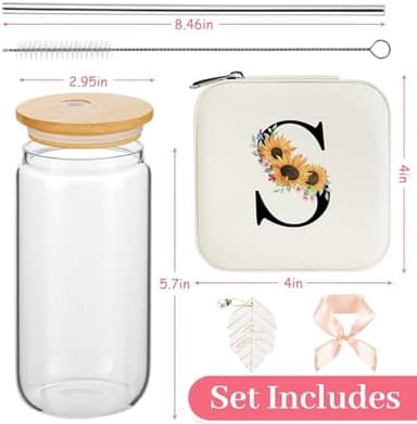 AYGXU Initial glass cups with lids and straws,personalized gifts for women,iced coffee cups,small jewelry box,travel jewelry case organizer,small jewelry travel case,Initial S white - Image 3