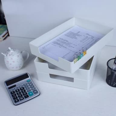 RHONZHAO Desk Letter Tray, 2PCS A4 Size Plastic Stackable File Document Organizer, Office Desktop File Paper Holder, Book Storage Rack,Anti-Skid Stacking Support for Office Supplies (White) - Image 2