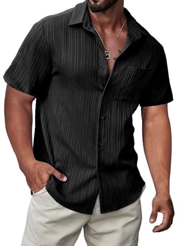 JMIERR Men's Summer Linen Shirts Short Sleeve Button Down Black Shirts for Men Textured Fashion Holiday Beach Casual Shirt, 2XL, - Image 1