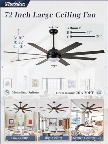 Fanbulous Ceiling Fans with Lights, 72 inch Large Ceiling Fan with Light and Remote, Outdoor Black Ceiling Fan for Living Room Patio, 6 Speeds, Reversible Quiet DC Motor, 3 CCT, Bi-color 8 Blades - Image 4
