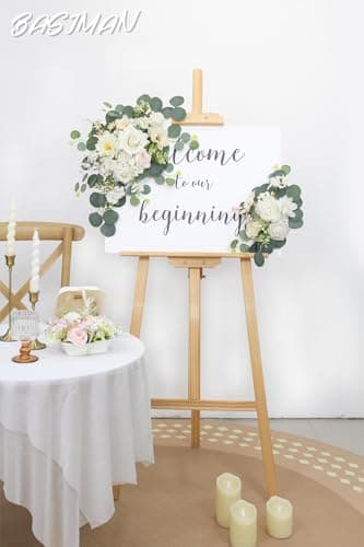 BASIMAN 2pcs Wedding Arch Flowers,Wedding Artificial Sign Flower,Welcome Easel Door Decor Wall swags for Reception Backdrop Table Decorations Welcome Sign (Champagne White) - Image 4