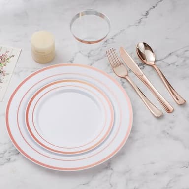 BESTVIP 600PCS Plastic Dinnerware Set (100 Guests), Rose Gold Disposable Plates for Party, Wedding, Christmas, Anniversary, Includes: Dinner Plates, Dessert Plates, Cups, Spoons, Forks and Knives - Image 4
