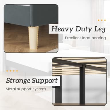 Fluest King Bed Frame, Platform Bed with Velvet Upholstered Headboard, No Box Spring Needed, Sturdy Metal Support, Noise Free, Easy Assembly, Mattress Foundation, Modern Bedroom Furniture, Grey - Image 5