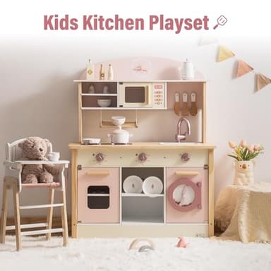 ROBUD Play Kitchen for Kids Toddlers, Wooden Play Kitchen with Realistic Accessories, Toy Kitchen Set with Plenty of Play Features, Modern Style Toy Kitchen for Girls & Boys, Gift for Ages 3+, Pink - Image 2