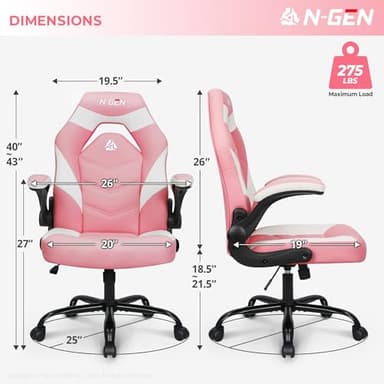 N-GEN Video Gaming Chair Ergonomic Computer Desk Office Chair with Lumbar Support Adjustable Height Swivel Wheels Flip-Up Arms PU Leather Home and Office (Pink) - Image 3