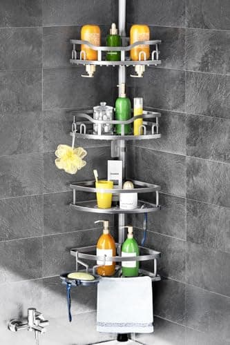 HAMITOR Corner Shower Caddy Tension Pole: Rustproof 4-Tier Bathroom Organizer Shelves for Bathtub Shampoo Storage - 47-121 Inch Quick Install Adjustable Rod Standing Rack with Soap Rack - Silver Gray - Image 1
