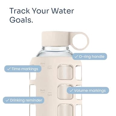 purifyou 40oz / 32oz / 22oz / 12oz Borosilicate Glass Water Bottle with Time & Volume Markers, Silicone Sleeve, Stainless Steel Lid | Reusable Glass Bottle for Water & Juice (32oz Pearled Ivory) - Image 3