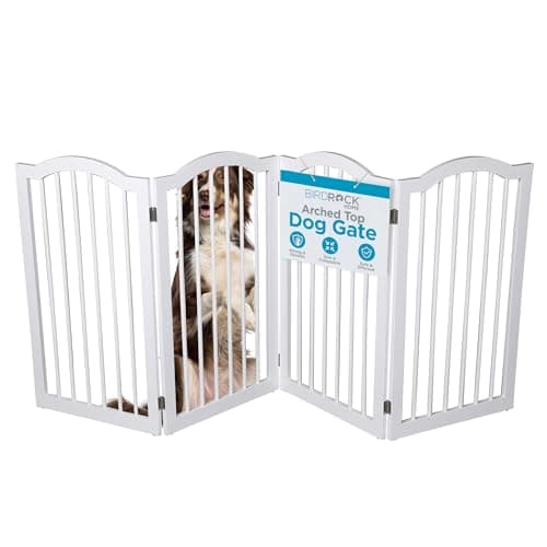 INTERNET'S BEST Arched Top Dog Gate | 4 Panel, 36" H Wooden Pet Barrier for Dogs or Cats | Freestanding Folding Room Divider for Doorways, Hallways, Stairs, and Porch | Portable, Extra Wide | White - Image 1