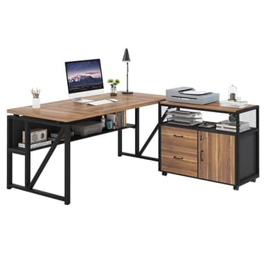 Tribesigns 63" L Shaped Desk with Drawer Cabinet, Executive Computer Desk and lateral File Cabinet, 2 Piece Home Office Furniture with Drawers for Hanging File, Doors with Locks (Brown, 63 inches) - Image 9