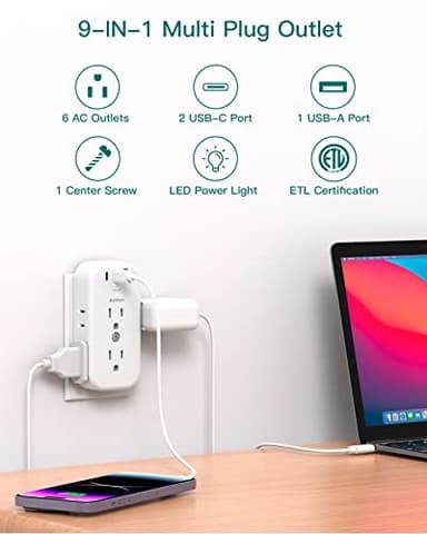 Outlet Extender Multi Plug Adapter - Addtam Electrical 6 Outlet Splitter with 3 USB Wall Charger (2 USB-C Ports), Wall Surge Protector Plug Expander for Cruise, Travel, Home, Office, Dorm Essentials - Image 3