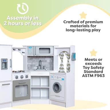 KidKraft Ultimate Corner Wooden Play Kitchen with Lights & Sounds, Play Phone and Curtains, White - Image 9