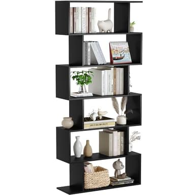 Yusong Bookshelf 6-Tier, Geometric Bookcase S Shaped Book Shelves for Bedroom, Modern Wood Decorative Display Shelf Tall Book Case for Home Office, Black - Image 1