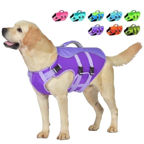 Petglad Dog Life Jacket, Reflective Dog Harness Life Vest with Rescue Handle for Swimming Boating, Adjustable High Buoyancy Flotation Swim Vest for Small Meium Large Dogs - Purple, L - Image 1